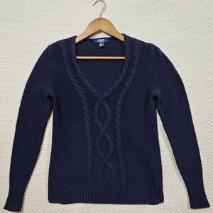 Ralph Lauren Chaps Deep Blue Navy Cable Knit V-Neck Sweater Size S‎
